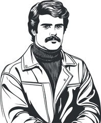 Black and white illustration of a confident man with mustache wearing a turtleneck and jacket