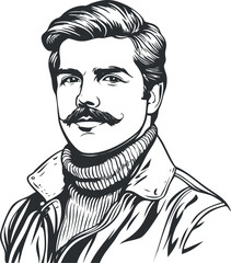 Black and white line art portrait of a confident young man with mustache wearing turtleneck and jacket
