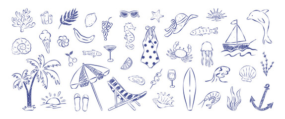 Summer mediterranean hand drawn doodle design elements. Retro coastal aesthetic. Italy beach vacations set. Ink sketch textured effect. Sweet food, beverage, items of beach rest, marine fauna.