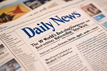 Close-up view of a newspaper page, featuring the headline Daily News and articles about world events, business, and lifestyle