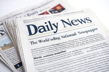 Stack of newspapers, featuring headlines and articles,  highlighting a daily national news publication, including world news and weather