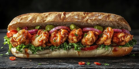 Spicy chicken sandwich filled with fresh lettuce, tomatoes, and crispy toppings on a rustic wooden background
