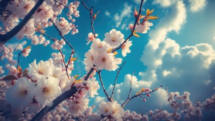 Cherry blossom twigs in spring with sky as background