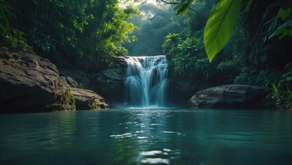 Naklejka premium Quiet Waterfall Descending into Natural Lagoon within Lush Jungle, Scenic Oasis, Tranquil Concealed Gem in Nature