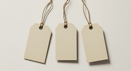 Three blank beige tags hanging with strings, empty label background perfect for pricing, sales promotions, and retail mockups