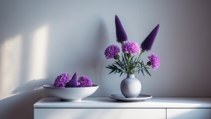 Beautiful ikebana floral art in a bowl on a table beside the wall
