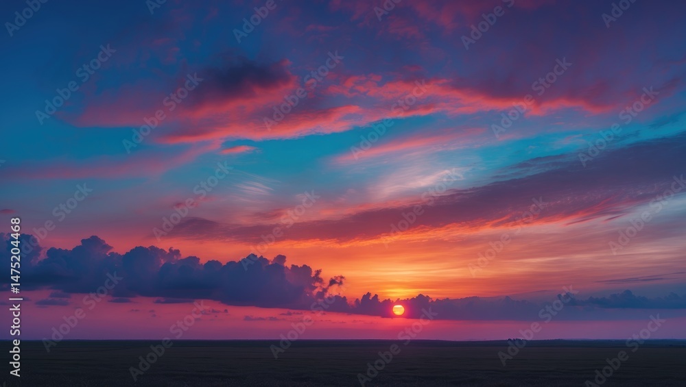 Poster evening sunset landscape with colorful sky and clouds in autumn shades, ultra wide view of setting s