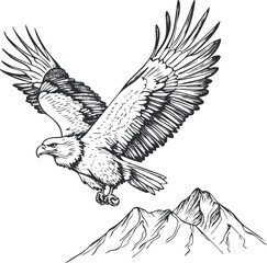 Black and white line drawing of an eagle soaring above mountain peaks symbolizing freedom and nature.