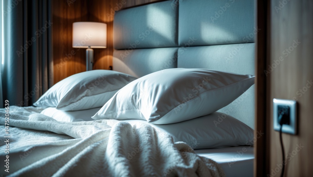Poster zoomed-in perspective of a bedroom with an unused bedside table, reading lamp, and a usb socket in s