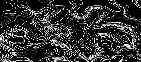 Minimalist topographic map design featuring black contour lines on a matte black background, subtle lighting and shadow effects to highlight elevation changes, abstract and modern aesthetic.