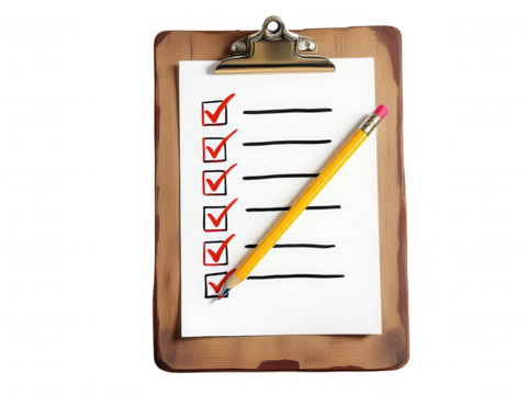 Completed Checklist on Clipboard with Pencil Red Checkmarks Wooden Task List Business Organization Planning Office Supplies To Do List Successful Project Management      