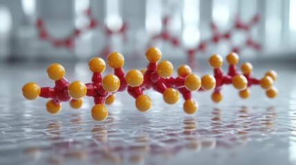 3D model of a long-chain molecule, likely a polymer.  Red and yellow spheres represent atoms.  Blurred lab background