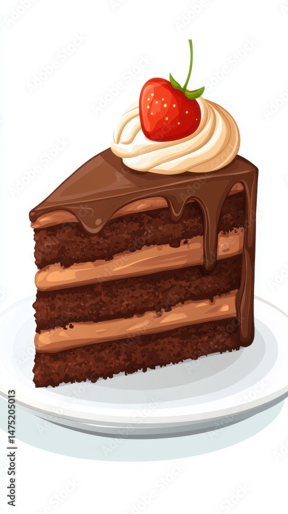 Poster tempting chocolate cake slice with strawberry topping on plate close up delicious dessert sweet trea