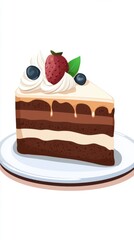 Delicious Slice of Chocolate Cake with Strawberry and Blueberry Toppings on White Plate Illustration