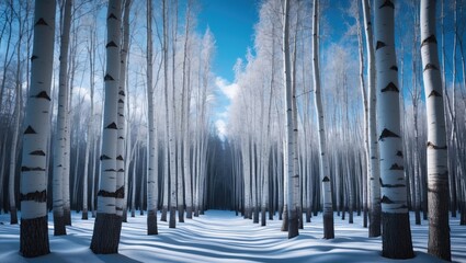 Obraz premium Wintertime woodland featuring tall birch trees and icy surroundings