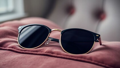 pair of sunglasses sitting on top of a bed