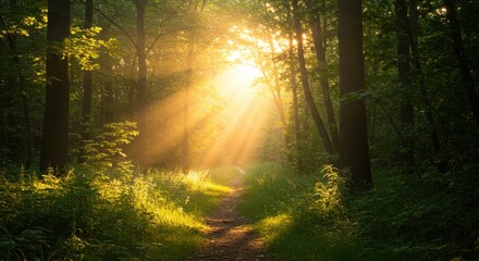 Obraz premium Sunlight shining through trees in a forest path, nature and travel use cases.