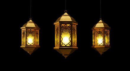 Fototapeta premium Three golden illuminated hanging lanterns with arabic pattern design perfect for Ramadan, Eid, or Islamic event backgrounds