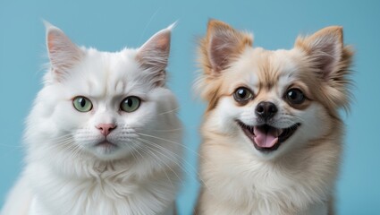 Obraz premium Charming Pomeranian and a cat exiting a hole on a colorful background. Room for text. Wide-format horizontal wallpaper or web banner.