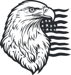 Fototapeta premium Black and white illustration of an eagle head with an American flag integrated into the design symbolizing freedom and patriotism