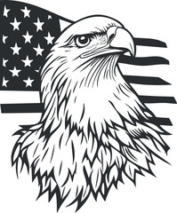 Black and white illustration of a bald eagle head with the American flag in the background symbolizing patriotism and freedom