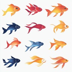 Colorful collection of goldfish swimming in various directions and poses in a vibrant pattern