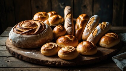 Selection of homemade baked pastry varieties on a rustic wooden table