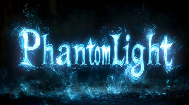Glowing ethereal text "Phantom Light" set against dark smoky background.  Intriguing, mysterious, and visually captivating