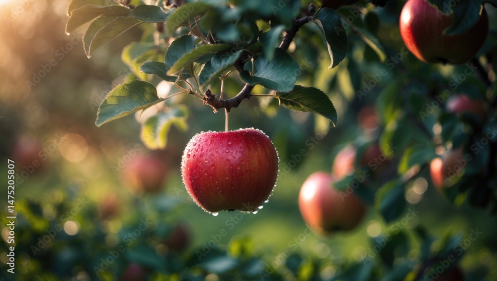Poster sun's light breaks through the leaves, casting illumination on apples in the orchard. shallow depth 