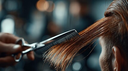 Close-up of a hair stylist cutting a client's hair with sharp shears and comb.  The focus is on the hair, shears, and comb, with soft background