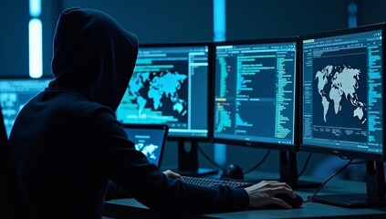 Dangerous Hooded Hacker Breaks into Government Data Servers and Infects Their System with a Virus. His Hideout Place has Dark Atmosphere, Multiple Displays, Cables Everywhere.