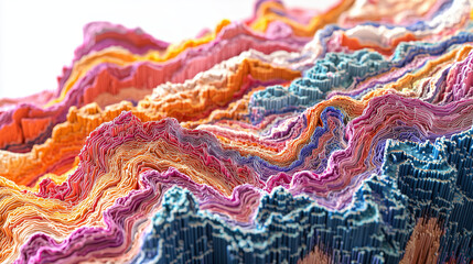 Colorful abstract 3D layered landscape with intricate ridges and valleys, creating vibrant and dynamic textured pattern that evokes artistic and natural forms