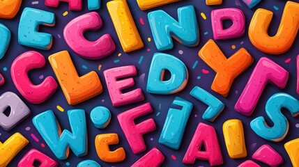 Colorful, 3D letters in bright, sugary hues, scattered over a dark background, sprinkled with confetti-like accents