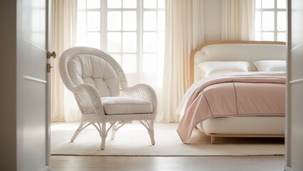 Fototapeta premium Refined bedroom interior showcasing a white armchair