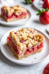 Close up of Delicious Strawberry Crumble Bar on White Plate with Fresh Strawberries in Background Food Photography