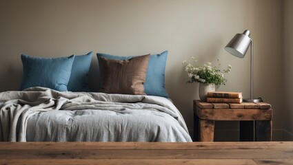 Room setup with a sizable comfortable bed and a wooden table