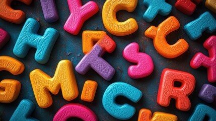 Colorful alphabet letters scattered on a dark surface.  Close-up view of vibrant, textured letters, various colors, showing a mix of uppercase letters, creating a cheerful and educational background