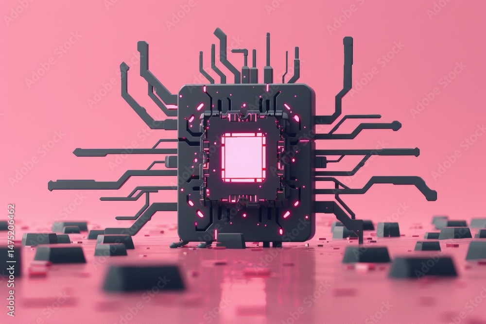 Poster a stylized microchip with glowing circuits is displayed on a pink background, symbolizing modern tec