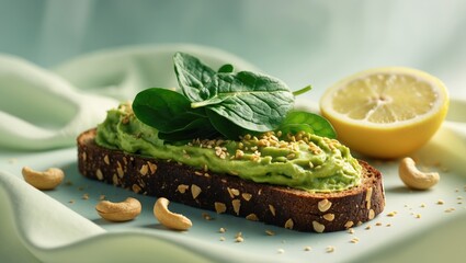 Rustic avocado toast featuring spinach, cashews, and sesame seeds for a nutritious breakfast