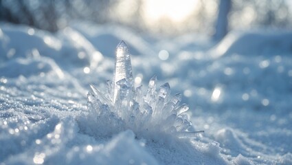 Macro View of a Frozen Path with Frosted Ice Stalactites and Winter Landscape