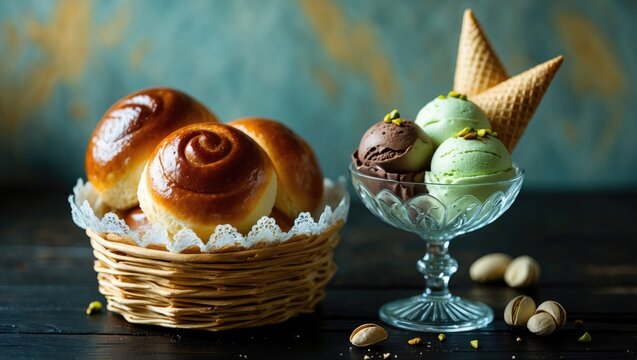 Gelato, granita, and brioches for a Sicilian breakfast. Dining outdoors in the sun