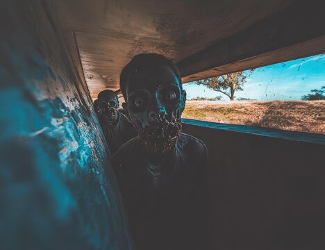 Two zombies emerge from a dark tunnel, their faces contorted in terror, peering out. Distressing, creepy, and shadowy figures in a subterranean passage