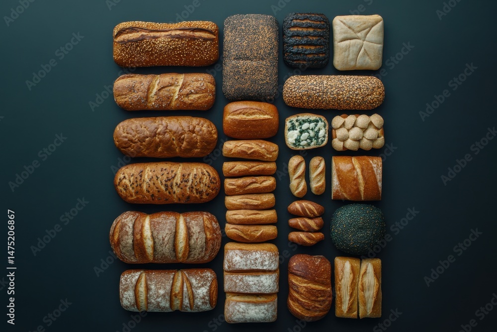 Poster assorted loaves of bread displayed in rows on dark background flat lay high angle studio shot