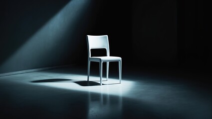A spotlight illuminates a black chair on a dark background in low key.