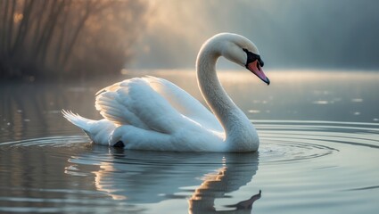 Fototapeta premium Serene swan by the riverbank