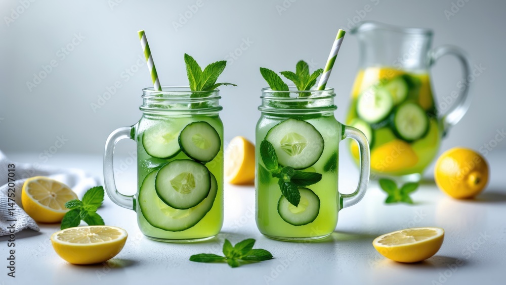 Poster ice-cold lemonade with cucumber, mint, and lemon in mason jars for summer cooling on a light backgro