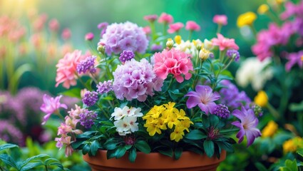 Obraz premium Colorful flowers in bloom inside a garden flowerpot captured in close-up
