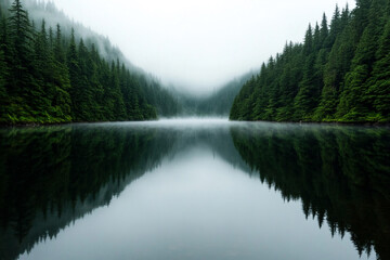 Dense fog rolling over a calm lake surrounded by trees in early morning