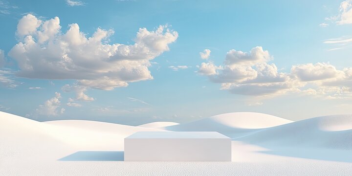 Minimalist white cube on a serene, white, dune landscape under a blue sky