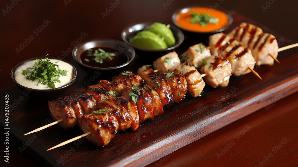 Poster a vibrant shot of yakitori skewers arranged in a fan shape on a wooden board, garnished with fresh h